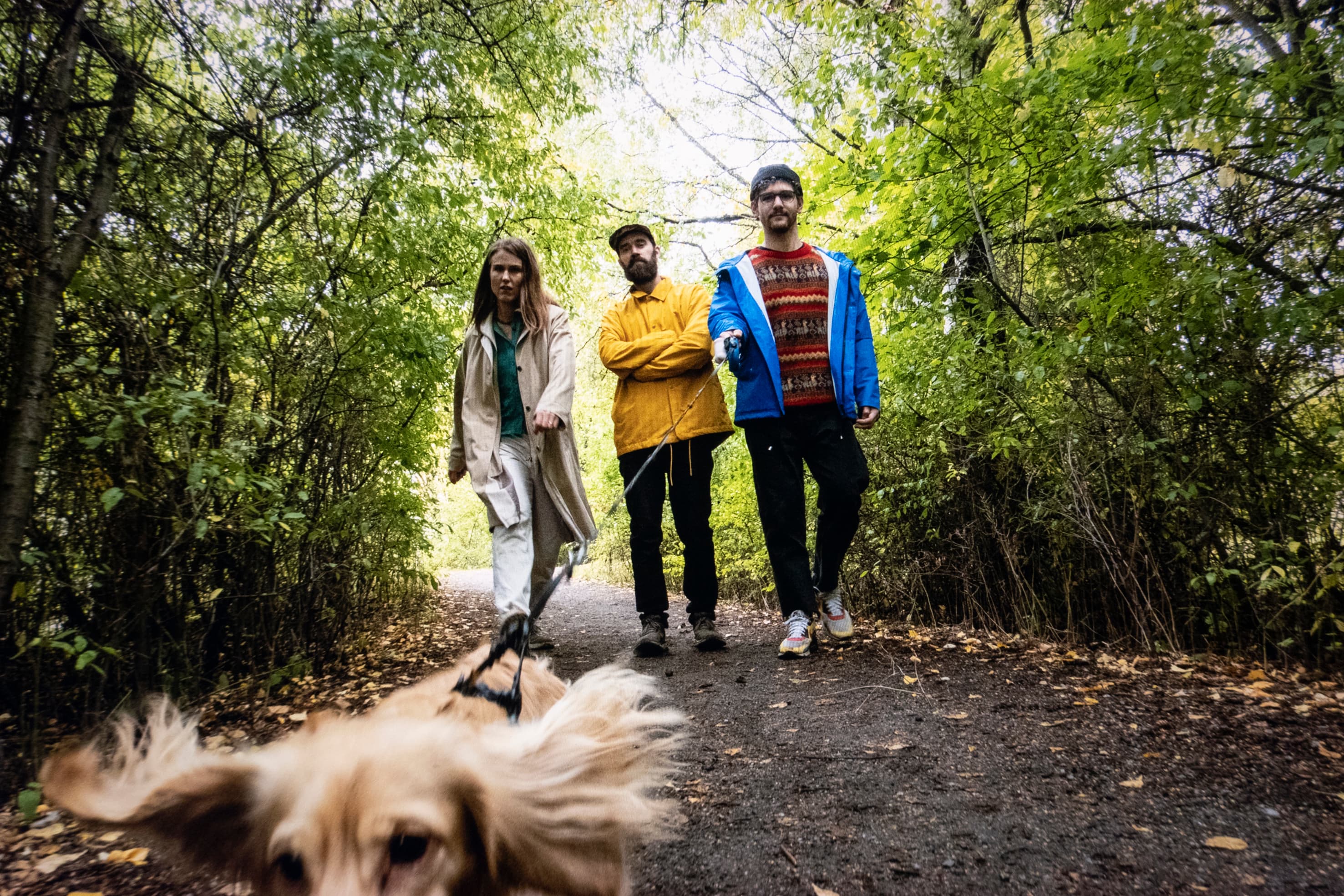 Three people walking a dog on a forest path, surrounded by green foliage.